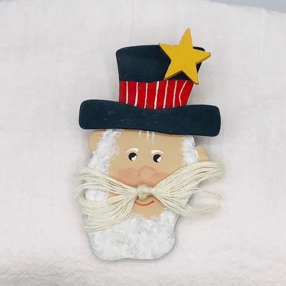 VINTAGE Brooch Patriotic Uncle Sam Hand Painted 3D Wood Folk Art 4th of …